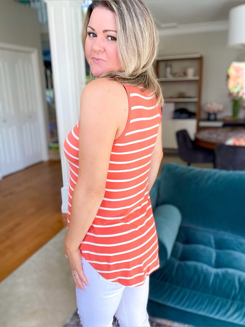 Stripe a Pose Tank 2.0 (NWT) 🍒Sunset Orange & White Stripes, Size Small